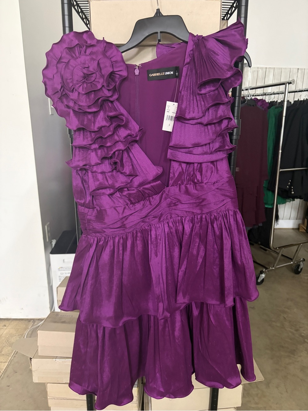 New Sz Large L women's Gabrielle union cocktail
Purple Ruffled Party dress